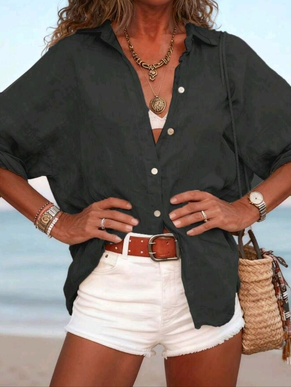 Shein Black Long Sleeve Gauze Type Button up Black Blouse M NWOT $35